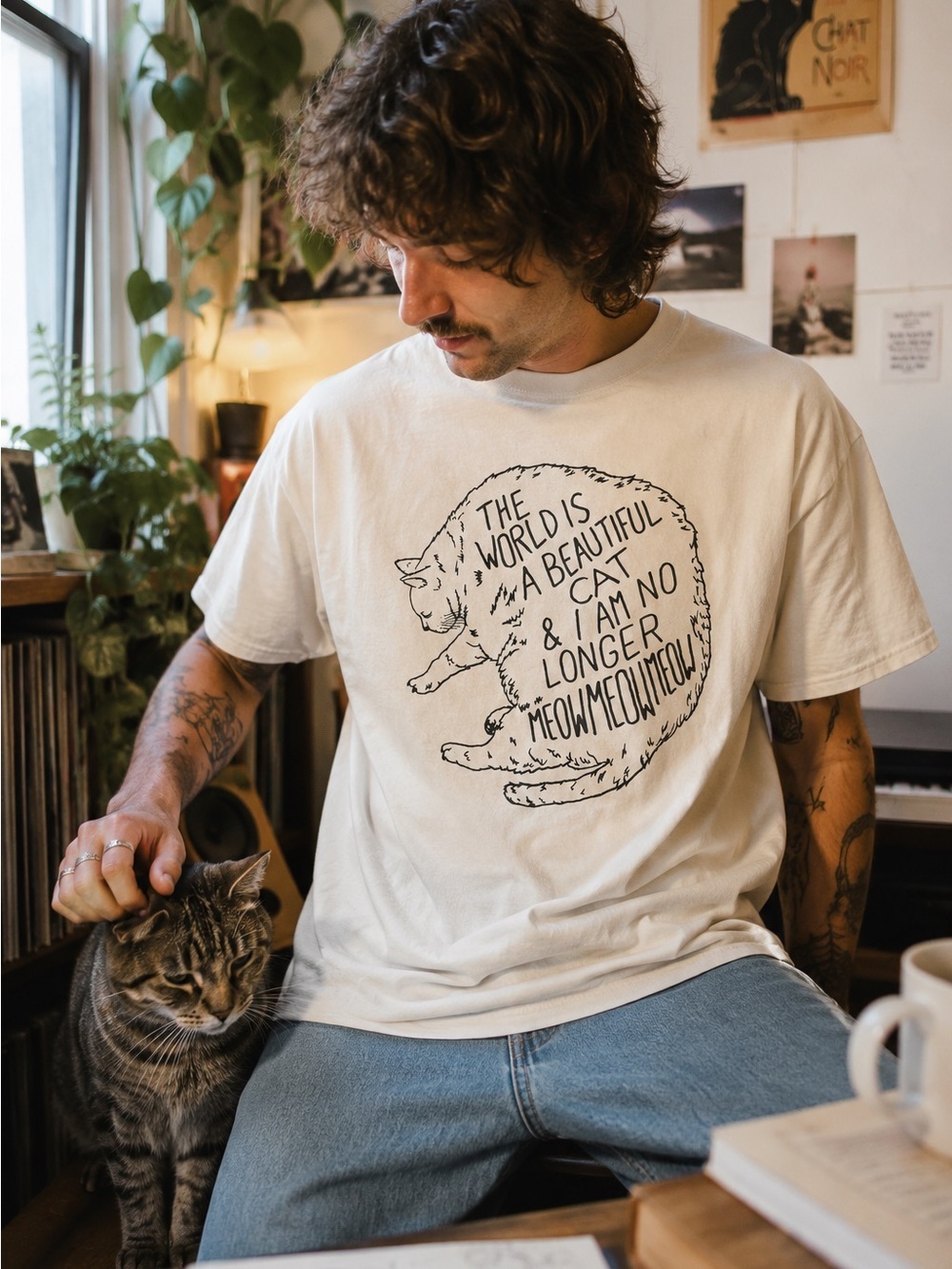 Funny Cat Graphic Tee Large Unisex White Cotton Meow Meme T-Shirt